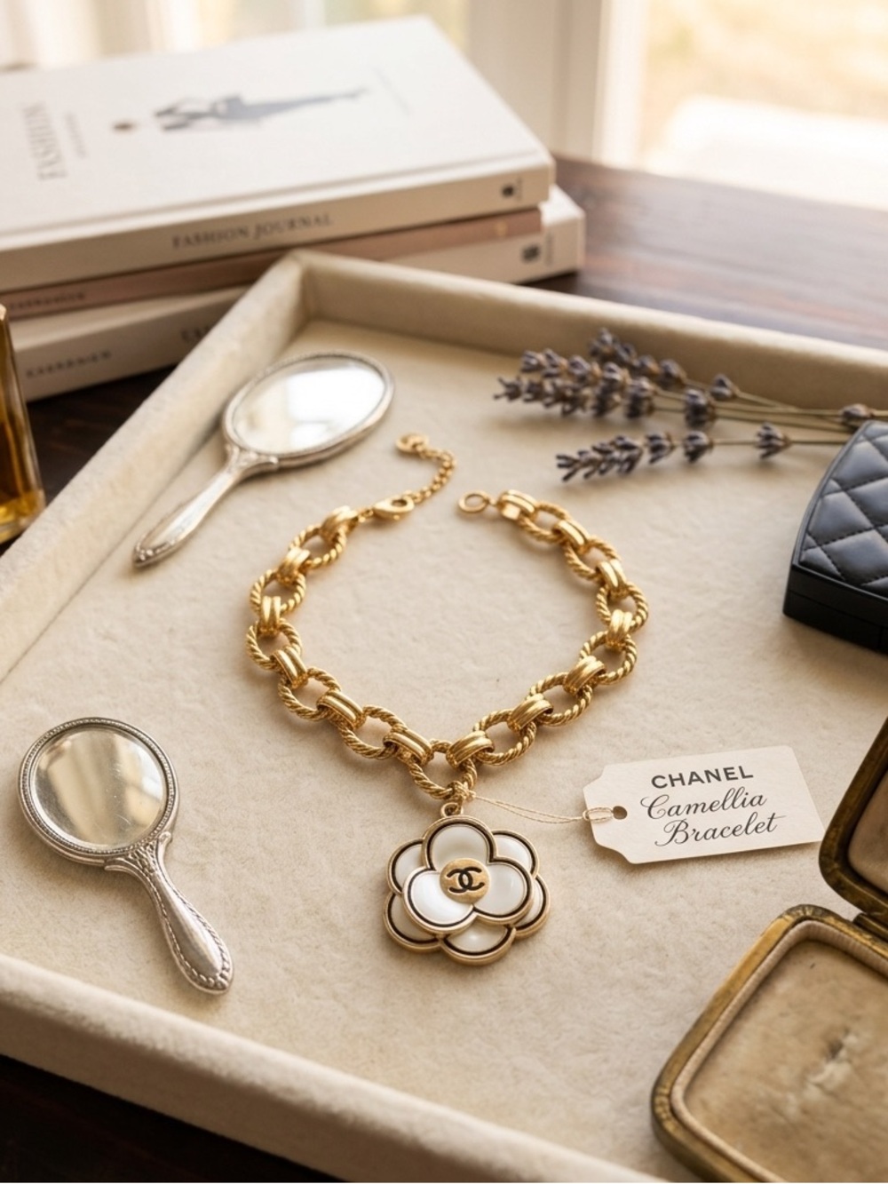 Chanel EUC Gold Tone bracelet
Camellia Enamel 3D charm on 7” 
Stainless Figaro